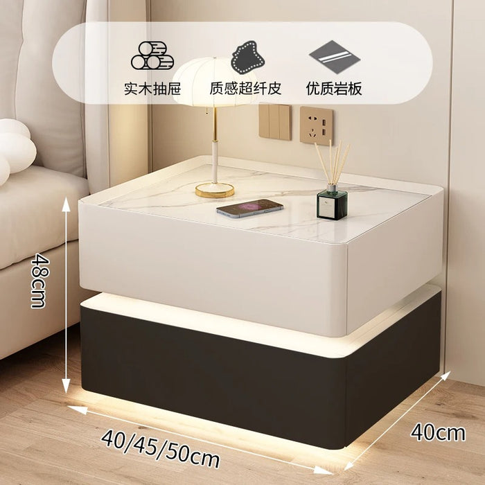 Bedside Table with Charging Station LED Lights 2 Drawers Black Nightstand USB