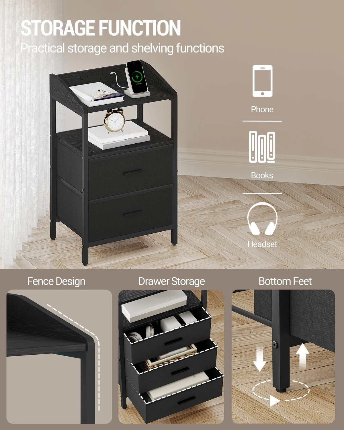 Side Table 3 Tier Side Table with Charging Station Slim End Table with