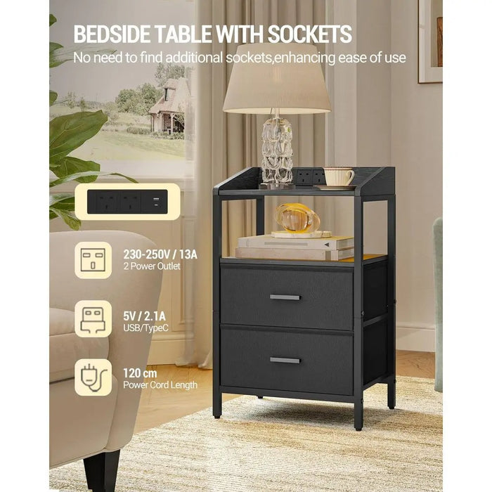 Bedside Tables with LED Lights, Charging Station And 2 Drawers, Side Table